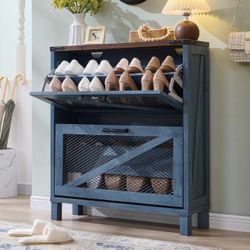 Shoe Cabinet with 2 Flip Drawers, Farmhouse Shoe Storage Cabinet with Mesh Doors