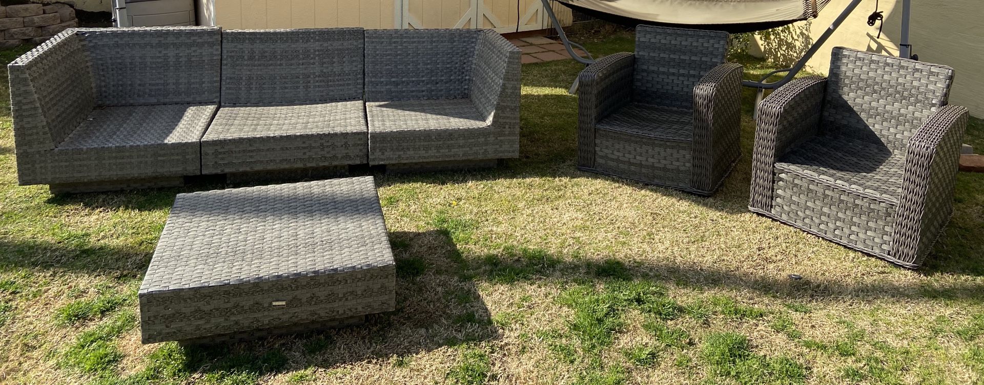 Awesome outdoor patio set. *no cushions included :: Two Chairs - 30/29/31/12in seat height :: 3 piece Sectional couch - 99x33x29x12in :: large