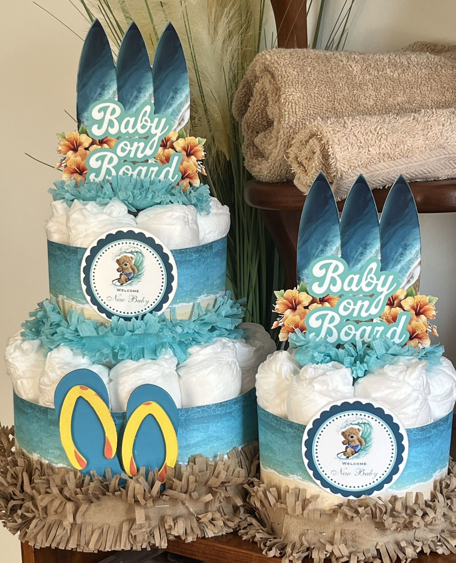 BABY ON BOARD Surf’s Up baby shower diaper cakes