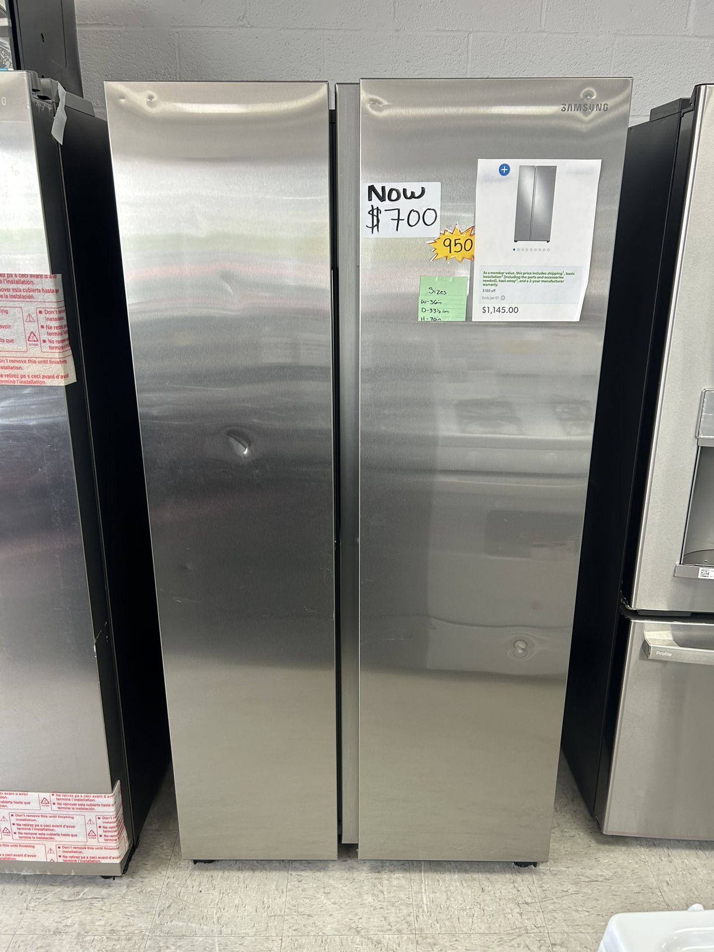 New Scratch & Dent Samsung 36inch. Side-by-Side Stainless Steel Refrigerator 