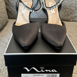 Mid Heel Black Satin With Jewels Shoes