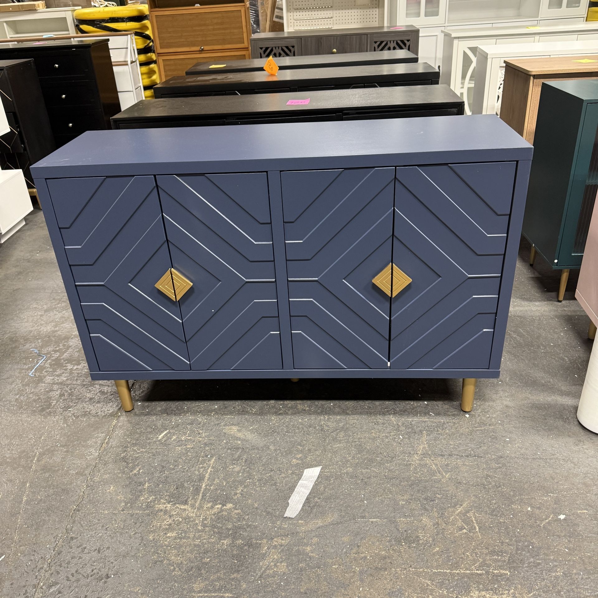 HLR 48" Accent Cabinet with 4 Doors and Shelves, Modern Sideboard Buffet Cabinet with Decorative Embossed Pattern Doors, Credenza Storage Cabinet for 