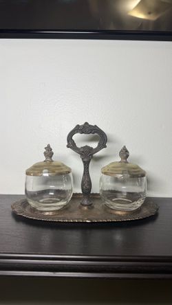 Vintage 1980s Silver Plated Glass Candy Jars & Handle