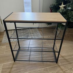 4 Tier Shoe Rack Black Metal with Natural Wood,4-Tier Storage Shelves  