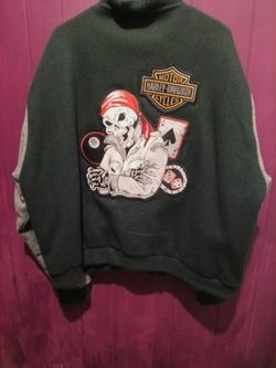Nice Baseball Style Gray And Green Jacket With Harley-Davidson Patches Size 2XL Price $65
