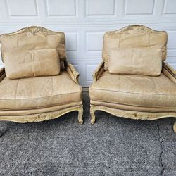 2 Old Hickory Tannery Bergere Oversized Leather Chairs Armchairs