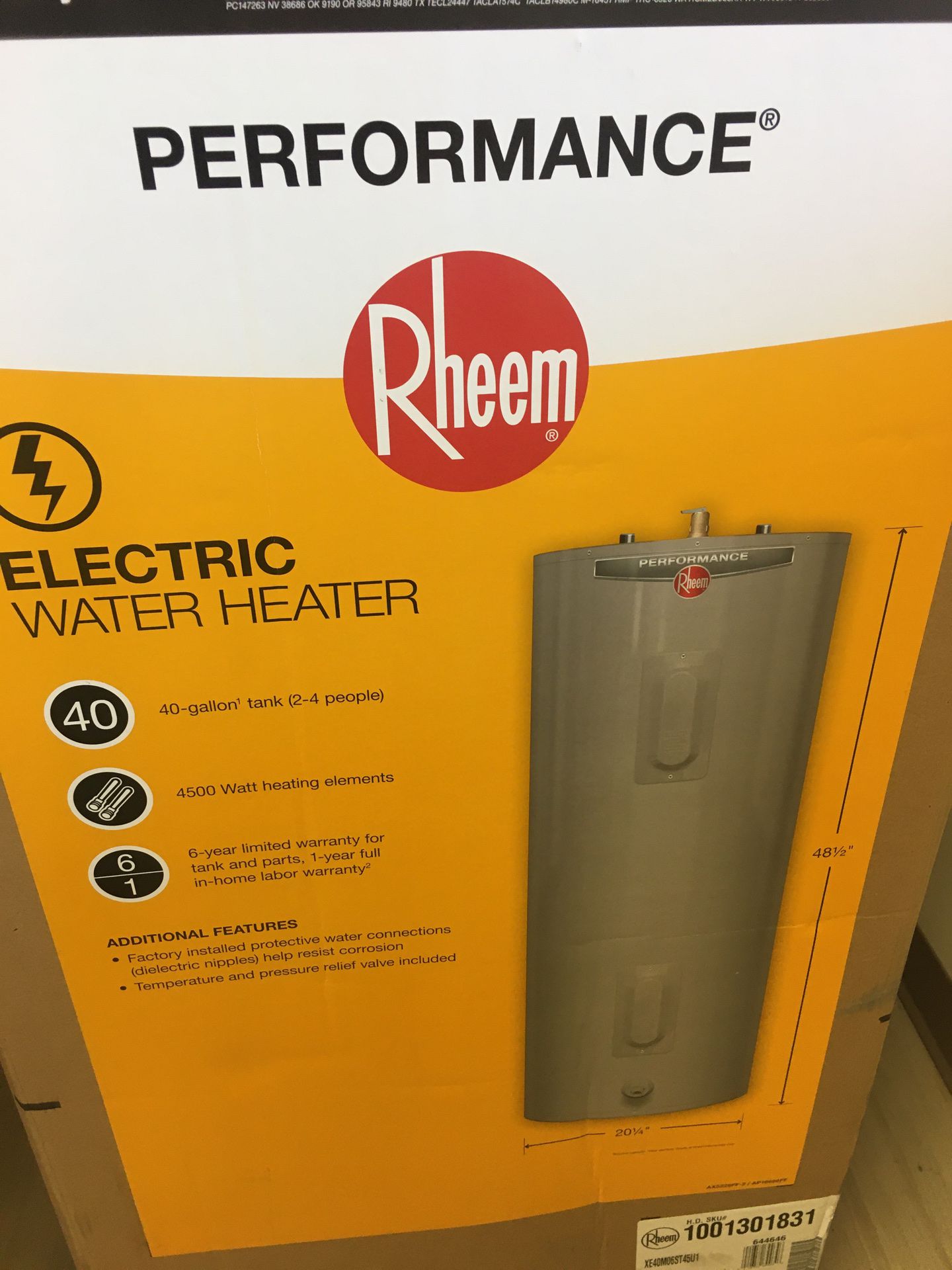 Rheem performance 40 gallon electric water heater New
