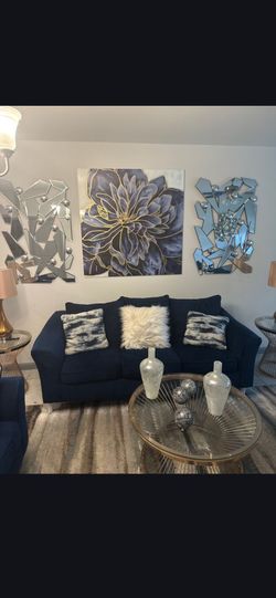 3 piece couch set ( blue), rug and 2 lamps