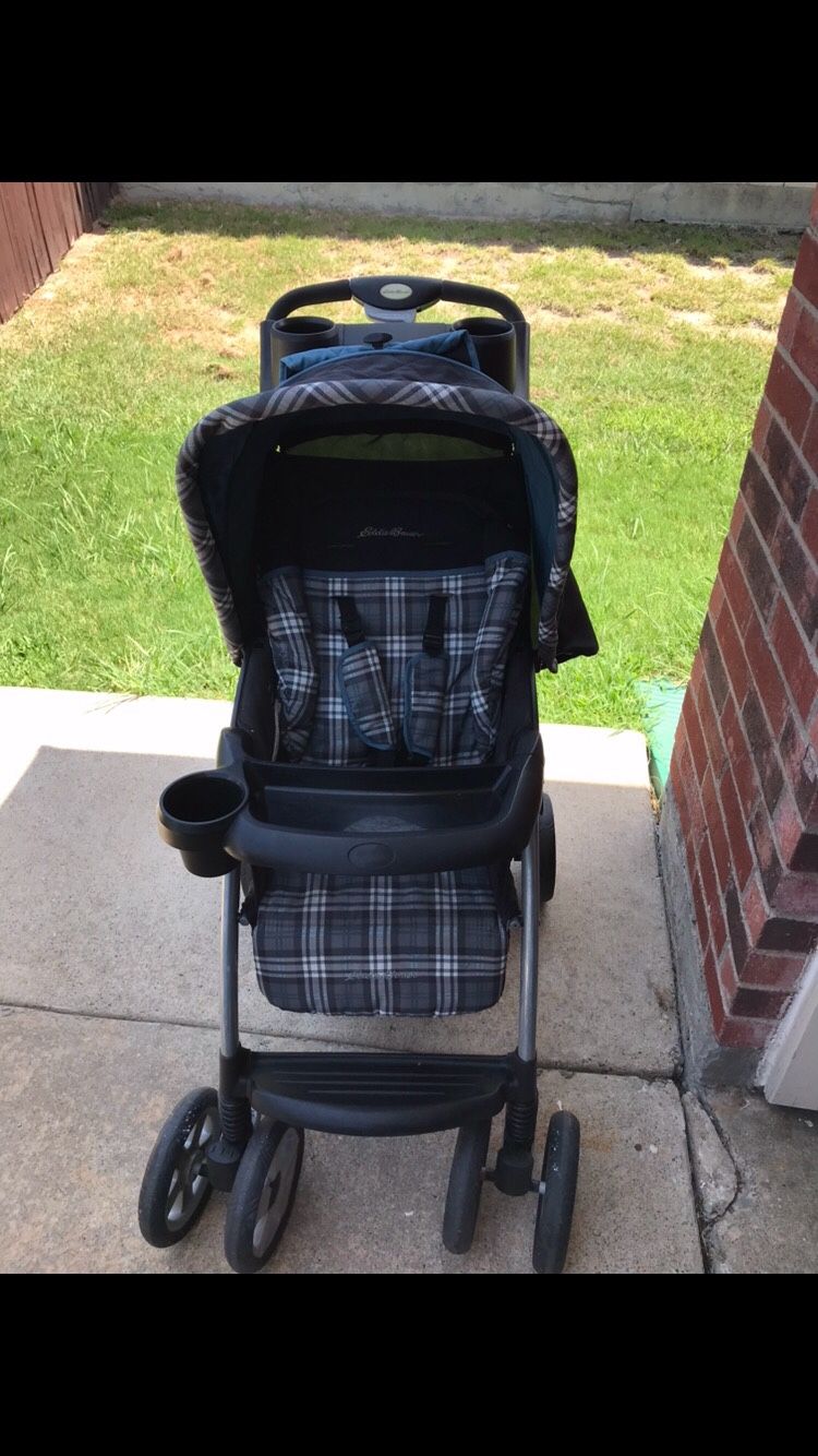 White grey with blue trim Eddie Bauer stroller complete