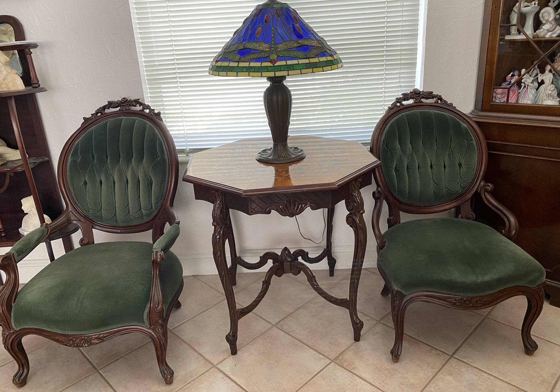 Pair Of Antique Green Velvet Chairs.