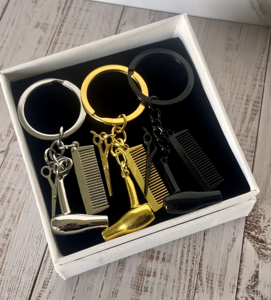 Brand New 3 Piece Barber Hair Stylist Keychain Gift Set