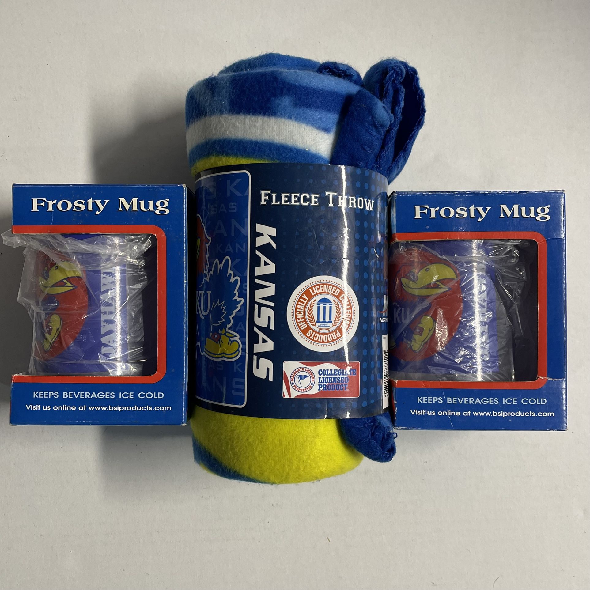 (BUNDLE) KU Jayhawks (1) 50” X 60” Fleece Throw Blanket (2) KU Frosty Mugs 