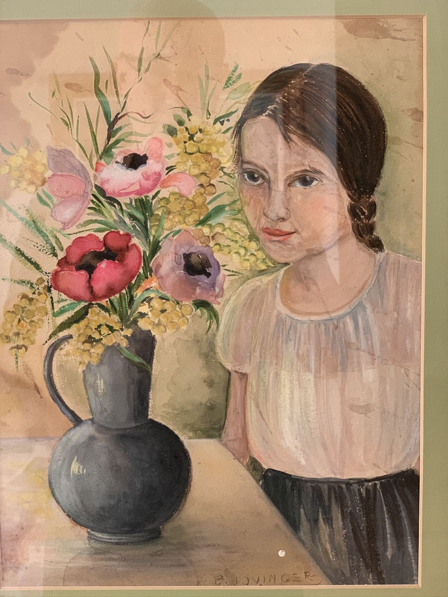 Vintage Original Watercolor Portrait Girl w/ Flowers Wood Framed Glass 13x16 and 9x12 inches. Signature Artist Shipped with USPS Priority Mail.