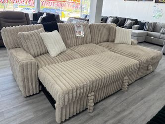 Beige Plush Ribbed Sectional Sofa