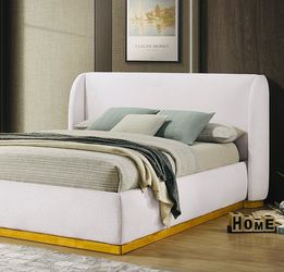 QN  SZ CONTEMPORARY PLATFORM & GOLD PAINTED PINTH OAK WOOD BASE!! BOUCLE FABRIC W WINGBACK   BED