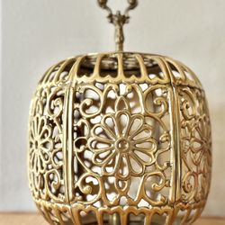 Vintage Mid Century Pierced Brass Asian Pendant Lamp In Karakusa Motif