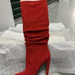 Steve Madden Carrie Red Suede Leather Slouch Knee High Heeled Boots Pointed Toe