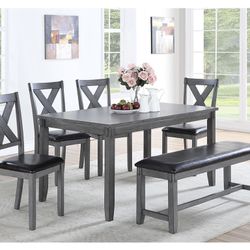 Gray Dining Table Set With 4 Chairs And A Bench 