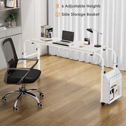 Overbed Table with Wheels,60.6-84.2 inches Mobile Bed Desk,Rolling Computer Desk, Laptop Cart,W/0-65°Tilt Stand,4 Heights and 6 Lengths,Side