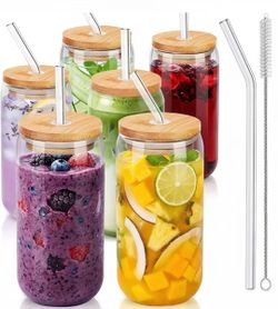 Glass Cups with Lids & Straws