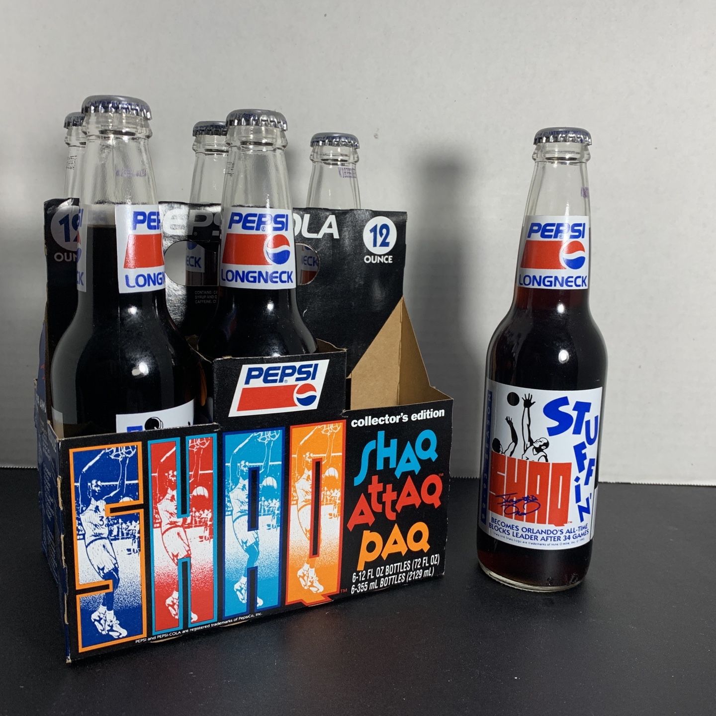 Pepsi-Cola 1(contact info removed) SHAQ ATTAQ PAQ Six Pack Longneck Soda Bottles Rare Set