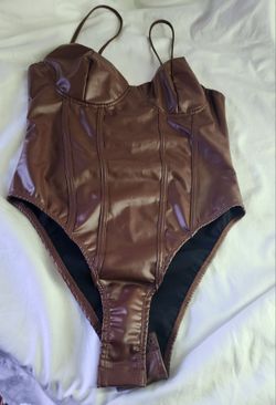 Brown Faux Leather Corset Bodysuit