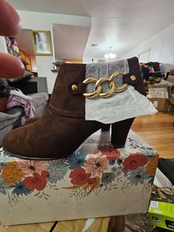 Brown Suede Heeled Ankle Boot with Gold Chain