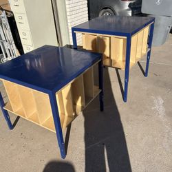 Set Of Two Tables With Steel Tops And Laminated Wood Cubbies Adjustable Height