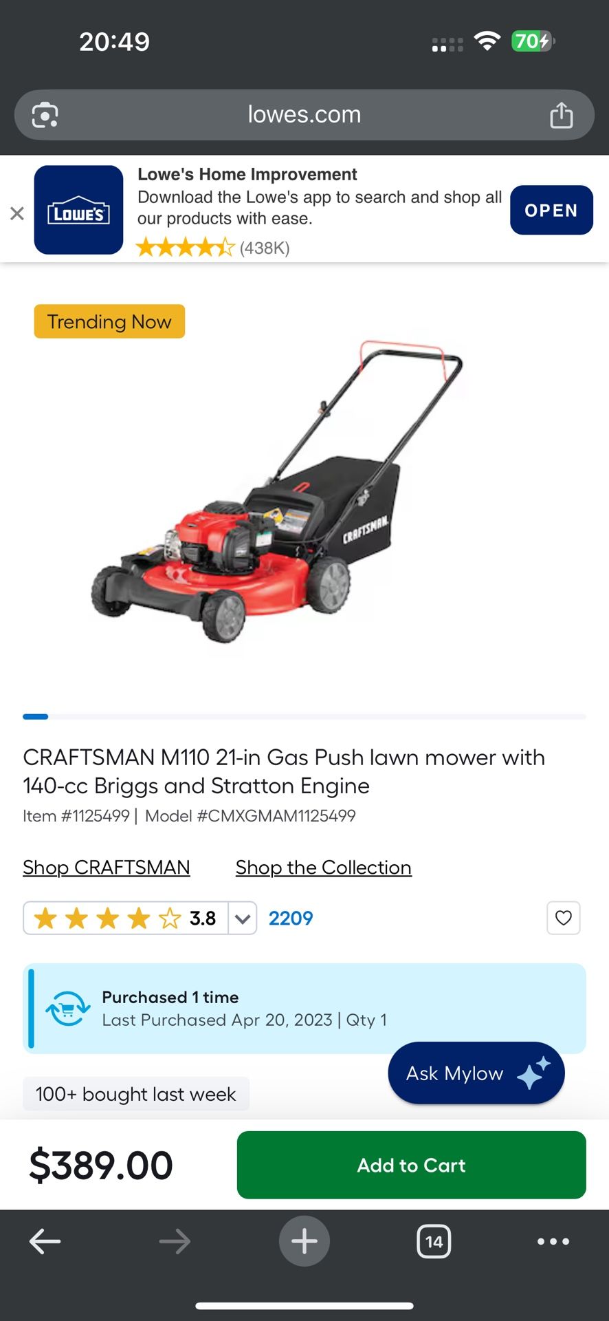 CRAFTSMAN M110 21-in Gas Push Lawn Mower