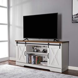 TV Stand Sliding Barn Door Modern&Farmhouse Wood Entertainment Center,Adjustable Shelves for TVs Up to 65",Storage Cabinet Table Living Room , Distres
