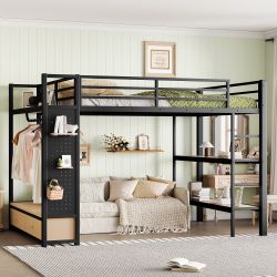 Lilwen Queen Size Metal Loft Bed with Wardrobe, Pegboard and Shelves