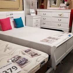 Brand New White Full Or Queen Sleigh Bedframe + Dresser + Mirror + Nighstand 4PCs Set