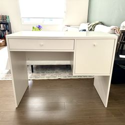 White Glass Top Desk / Vanity with Storage