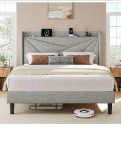 Light Grey| Full Size Bed Frame with Charging Station| Linen Platform Bed Frame with Wingback