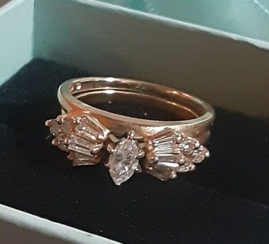14K Marquise Solitare Wedding Ring Emerald & Round Cut Diamond Band 1 ctw 6g