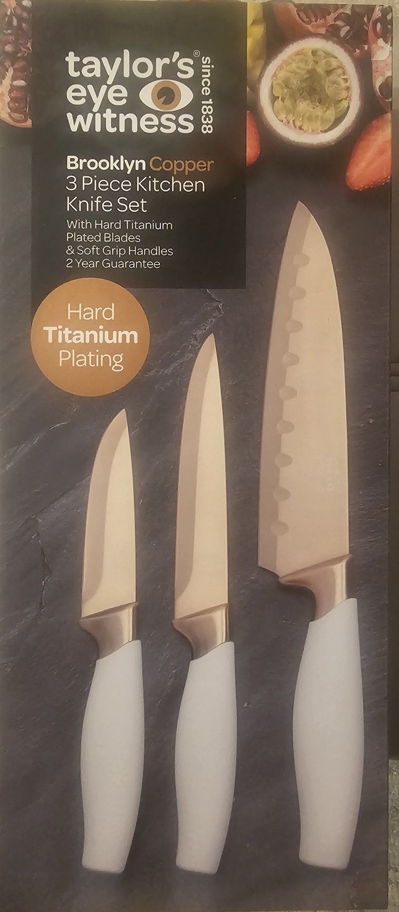 NEW - Taylor's Eye Witness 3pc Boxed Knife Set In Rose Gold With White Handles