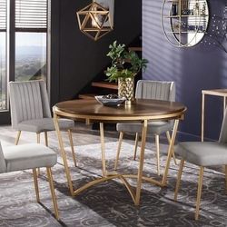46” Classic Traditional Luxury Dinning Round Table  , Wood Top With Golden Legs