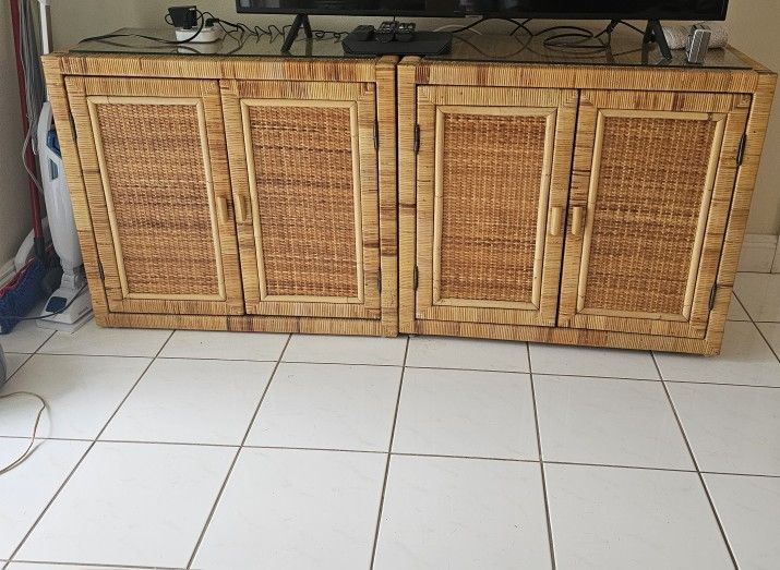 68" wicker entertainment center cabinet + storage table 

