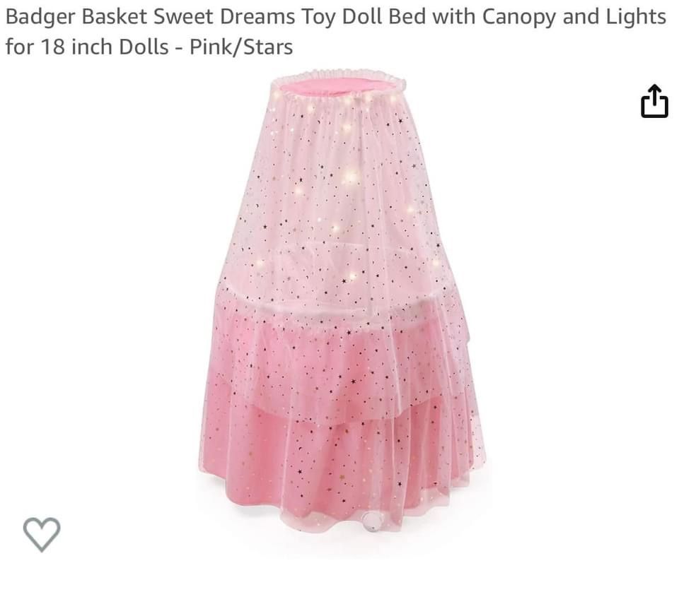 Sweet Dreams Toy Doll Bed  Comes with canopy and lights Fits 18” doll or smaller Pink w/ stars  Amazon’s Price: $44.99 Our Price:  $27  New in box Pic
