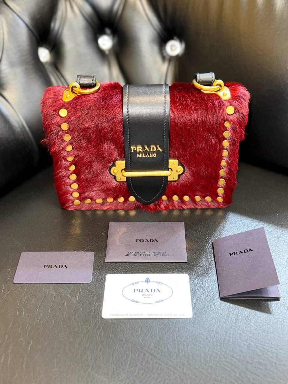 PRADA Cahier hair city pony-style calfskin faux fur crossbody bag granato black