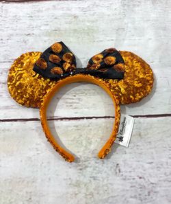 Disney Parks Minnie Mouse Ears Orange and Black Sequined Bow Headband Polka Dot