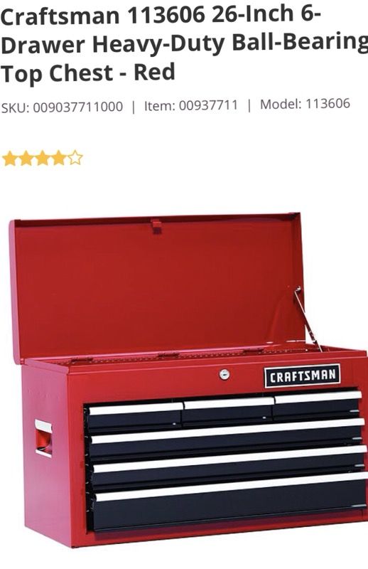 Craftsman 113606 26-Inch 6-Drawer Heavy-Duty Ball-Bearing Top Chest - Red