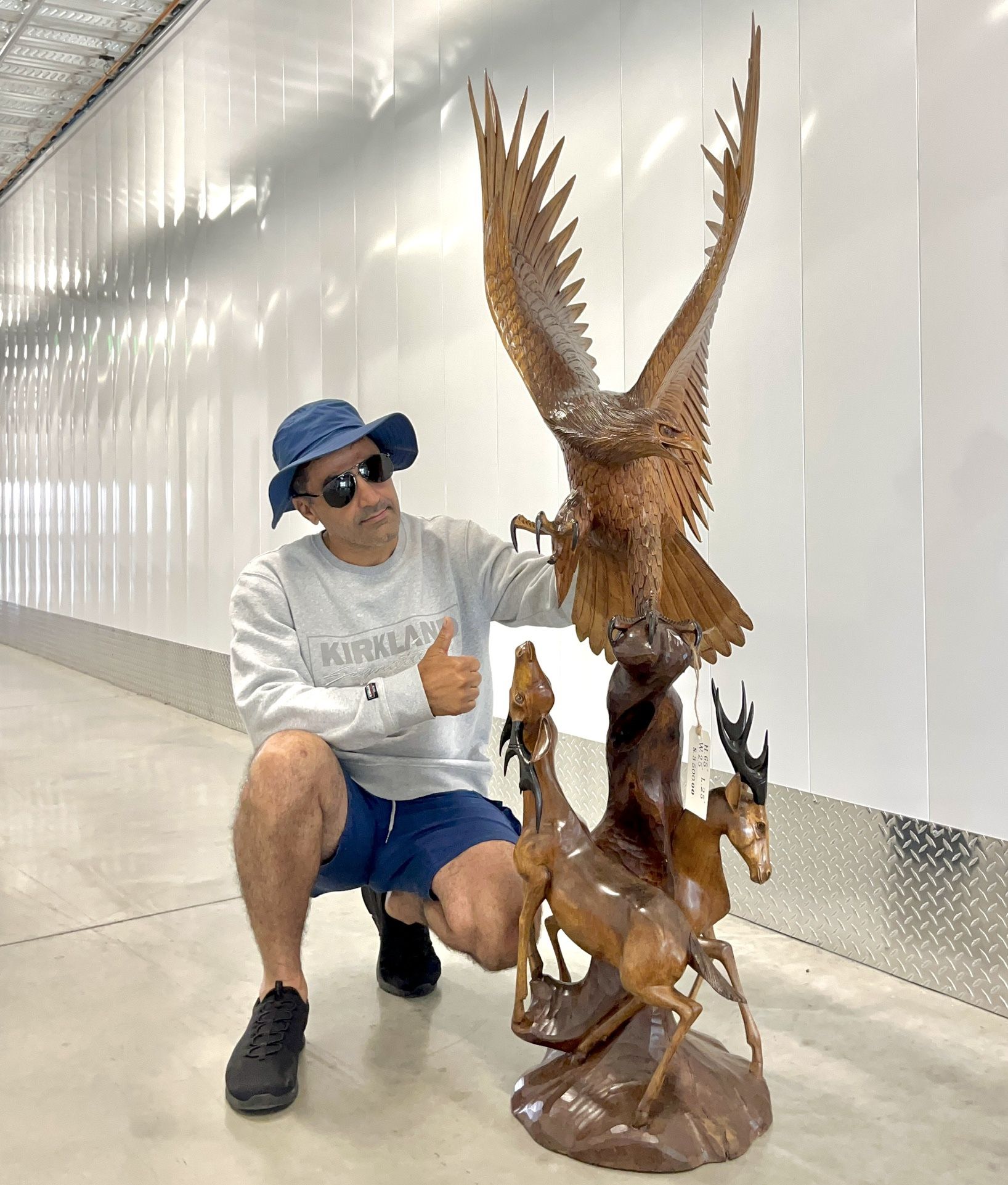 Hand Carved American Hunter Eagle With Deers Sculpture 