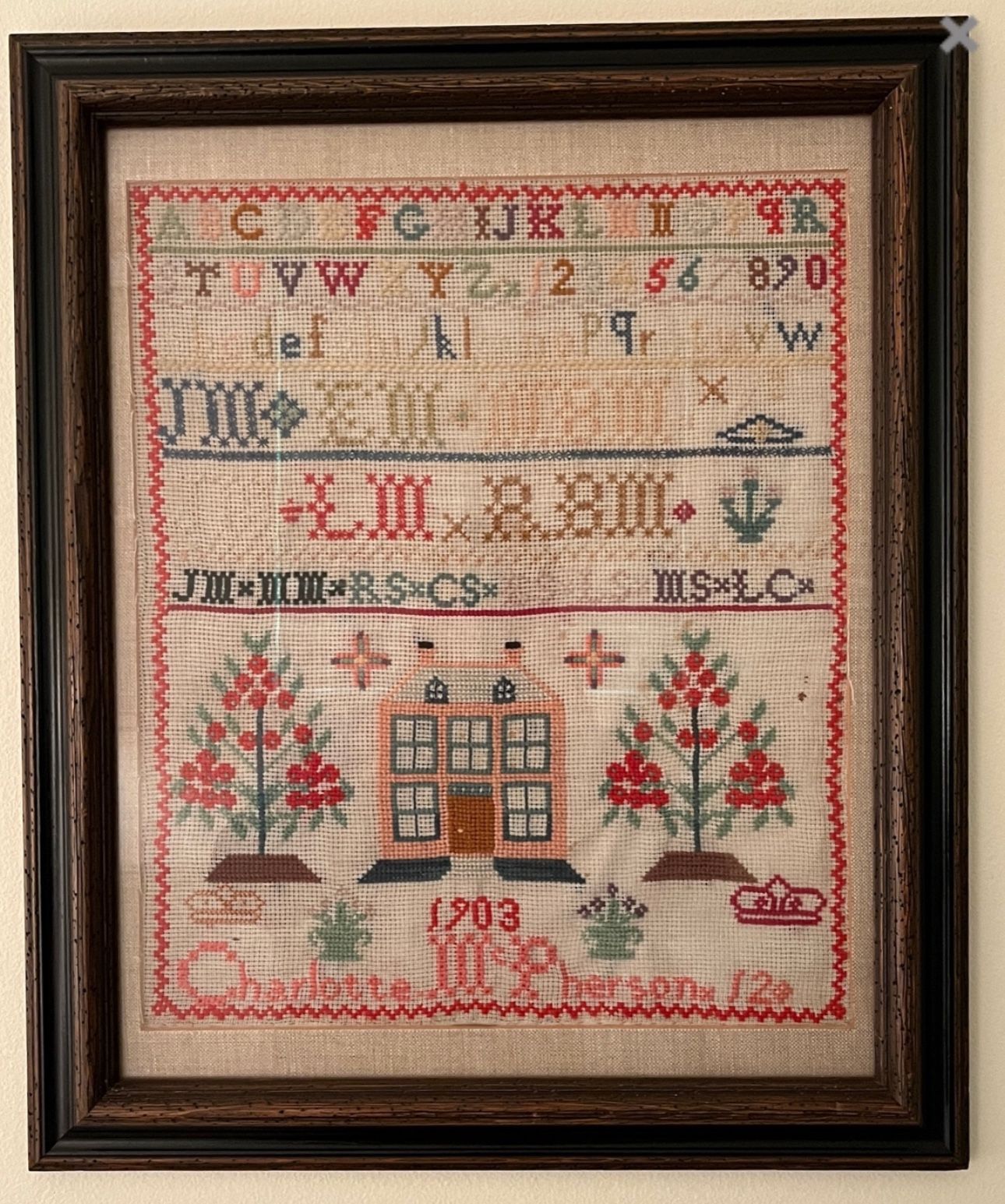 BEAUTIFUL ANTIQUE NEEDLEPOINT CHILD 1903 FRAMED
