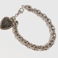 925 Sterling Silver Chain Link Bracelet With Marcasite Heart 7.25”