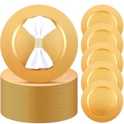 50 Pcs 13 Inch Charger Plates Bulk Round Wedding Chargers Plastic Dinner Plates for Table Setting Wedding Party Decoration (Gold)