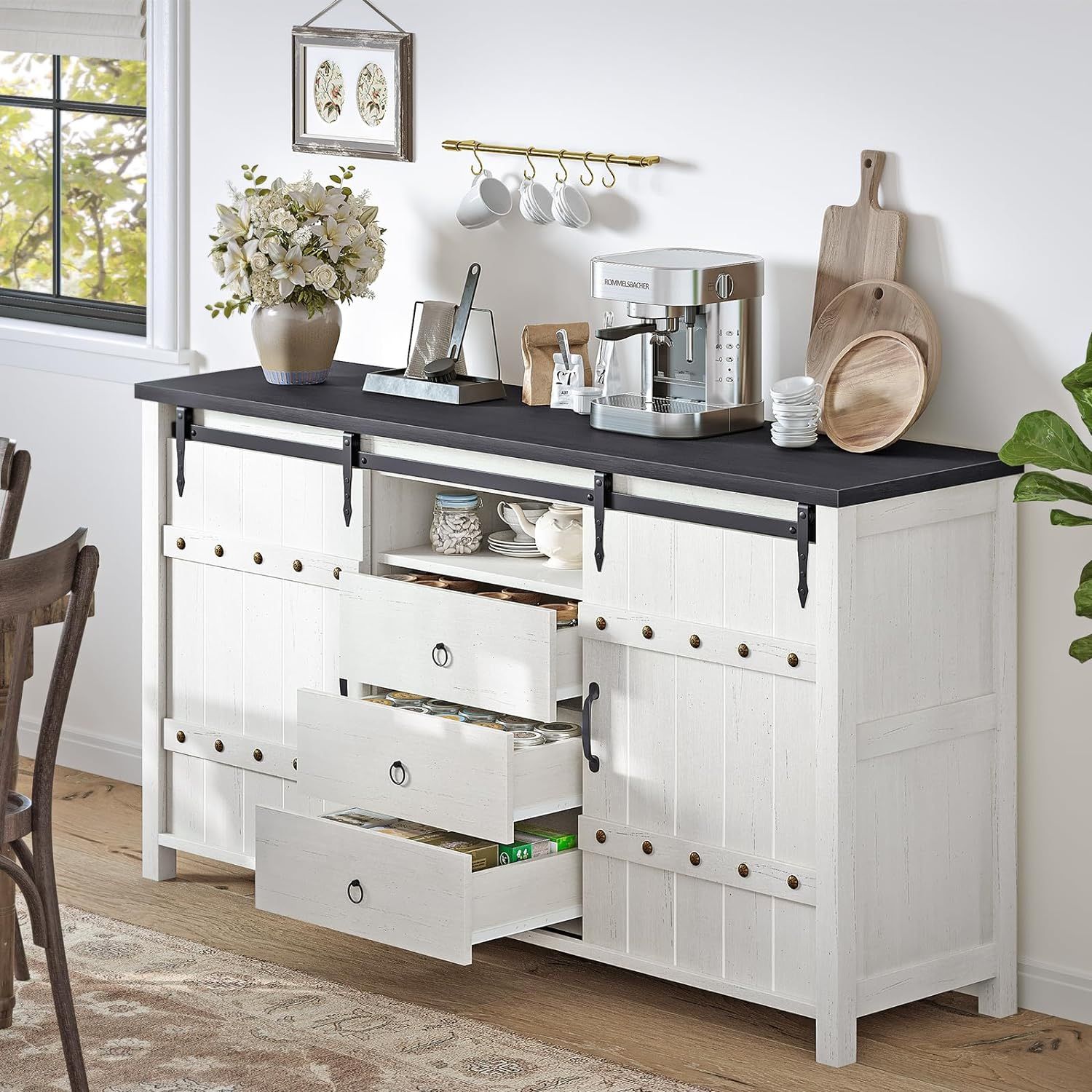 Farmhouse Dresser for Bedroom Wood Dresser 48" /60”Wide Modern Chest of Drawers with 3 Drawers & 2 Sliding Barn Doors - Rustic Brown/Modern White