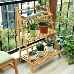 Bamboo Plant Stand Shelves Foldable Ladder Style 3 Tiers Freestanding NEW 