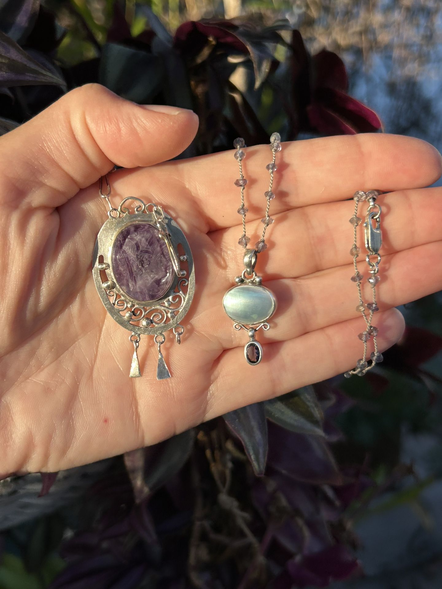 Vintage Rare silver pendant purple amethyst cameo face carving Beaded Muti stone Necklace Artisan Handcrafted