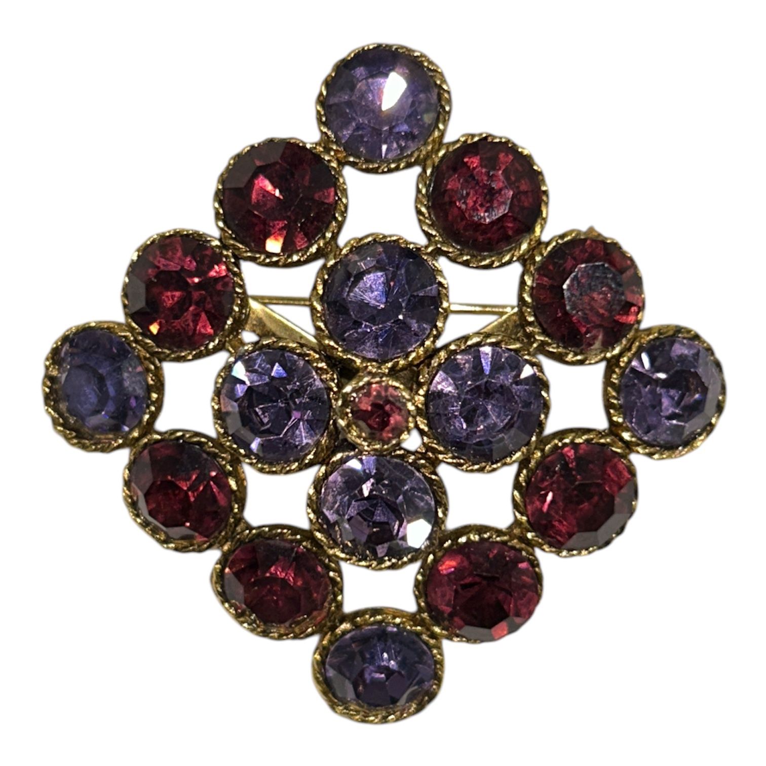 Vintage Purple & Amethyst Rhinestone Brooch w/ Gold Tone Detail